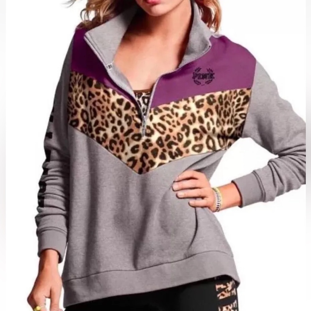 Victoria’s Secret PINK Half Zip Pullover Mock Neck Gray/ Leopard Medium NEW